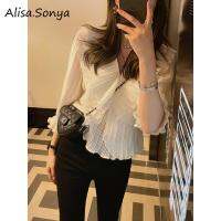 Alisa.sonya ผู้หญิงฤดูร้อนสบายๆครอบตัดแขนสั้นคอ V นัวเนีย PleatedShirt ท็อปส์