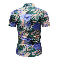 แฟชั่นลำลองชายแขนสั้นพิมพ์เสื้อผู้ชาย Pop ฤดูร้อน Camisas Hombre Leaf ดอกไม้ฮาวาย Beach พิมพ์เสื้อชาย Tops