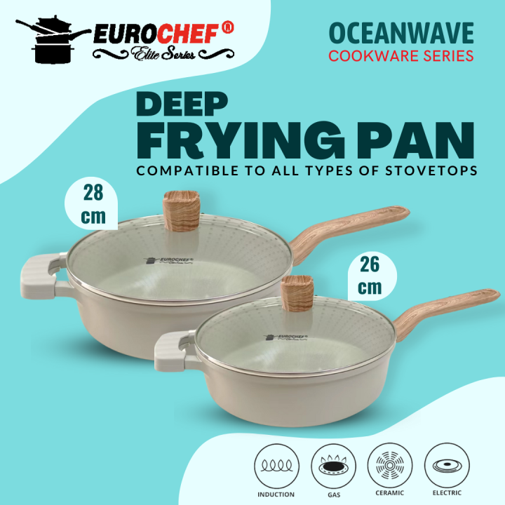 Eurochef 26cm 28cm Nonstick Ocean Wave Die Cast Aluminium Fry Pan with Lid Deep Frying Pan