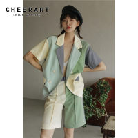 CHEERART Color Block Green Summer Blazer Women Short Sleeve Blazer Suit Jacket Double Breasted Coat Korean 2020 Fashion