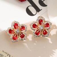 New Korean Luxury Crystal Zircon Stud Earring For Women Red Flowers Heart Pearl Bow Knot Earrings Christmas New Year Jewelry