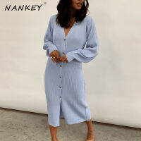 2021NANKEY V-neck Maxi Knitted Dress Spring Oversize Elegant Button Up Womens Knitwear Oversized Solid Loose Long Dresses Robe