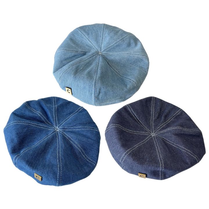 lijing-หมวกหมวกเบเร็ตเดนิมของผู้หญิงหมวกเบเร่ต์สีฟ้าหมวกแก๊ปศิลปินย้อนยุคลำลองตกแต่งกลางแจ้ง