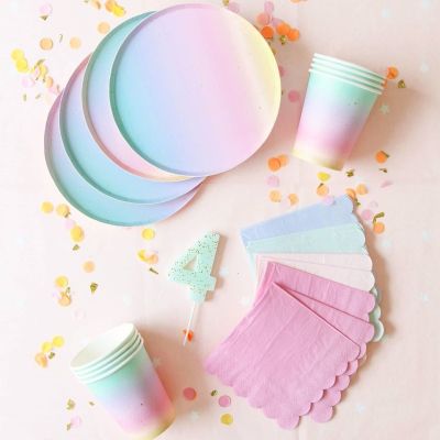 【LF】 1 conjunto de utensílios de mesa do arco-íris descartável rodada plana copo de papel toalha de papel partido fornece decoração de festa de casamento de aniversário