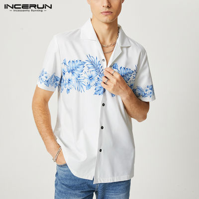 INCERUN เสื้อฮาวายแขนสั้นลายดอกไม้สำหรับผู้ชาย,เสื้อยืดลำลองคอปกสไตล์ตะวันตกสำหรับใส่เดินชายหาด