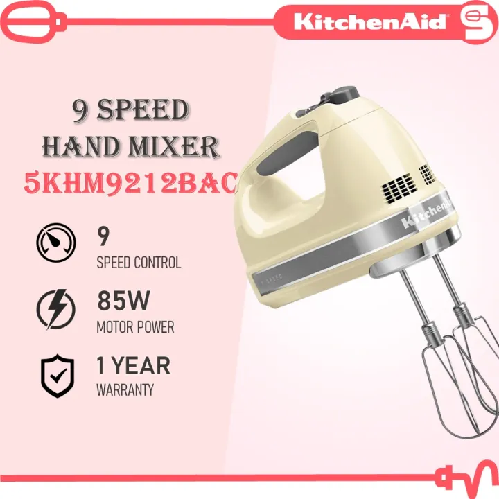 KITCHENAID 9 Speed Hand Mixer 5KHM9212BAC Almond Cream Turbo Beaters Wire Whisk Dough Hook