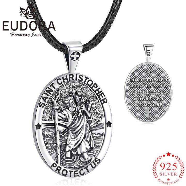 cw-eudora-925-sterling-christopher-necklace-embossed-medal-pendant-religious-jewelry-for-man-woman