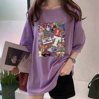 COD DSFERTRETRE South Korea Dongdaemun spring and summer wild round neck cartoon printed loose short-sleeved T-shirt women