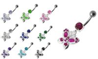 จิวสะดือแหวนอัญมณี หลากสีเจาะ  เอสเอสบาร์x1  Fancy Jeweled Butterfly Silver Dangling 316L SS Bar Belly Ring เครื่องประดับบนร่างกาย สำหรับผู้หญิง หรูหราและสวยงาม