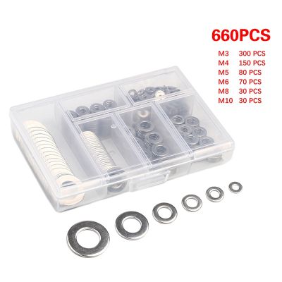 {Haotao Hardware} 660Pcs 304สแตนเลสสตีลเครื่องซักผ้าธรรมดาเครื่องซักผ้าแบนปะเก็นชุด M3 M4 M5 M6 M8 M10