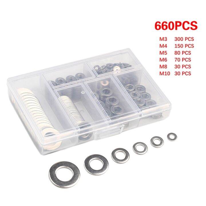 haotao-hardware-660pcs-304สแตนเลสสตีลเครื่องซักผ้าธรรมดาเครื่องซักผ้าแบนปะเก็นชุด-m3-m4-m5-m6-m8-m10