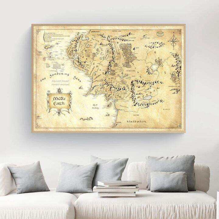 Retro Middle Earth Map Posters And Prints Fantasy Tolkien Movie Wall ...