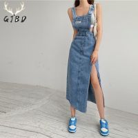 【LZ】✤▨♂  Vestido feminino com suspensão jeans saia midi sem mangas moda coreana streetwear com gola polo vestido de fenda azul feminino primavera novo