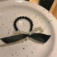 【cw】 Falling into Gentle Super-Fairy Pearl Bowknot Hair Ring Niche High-Grade Hair Rope Elegant R Rubber Headband Head Rope ！