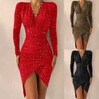 【YF】 Party Dresses For Women 2021 Fashion Elegant Hot Stamping Sequins Dress women Irregular-Hem Sexy Deep V-Neck Bodycon