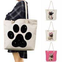 High Capacity Lady Fashion Women Star Dog Paw Handbags Pug Cartoon Print Tote Bag Linen Thick Rope Summer Female Shoulder Bag