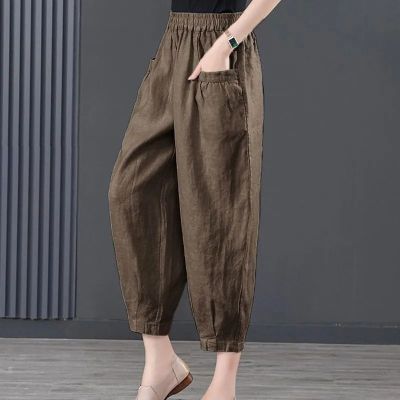 Ms กางเกงเอวกางเกงเอวสูงยืดหยุ่นกางเกงสี่ส่วนผ้าลินินและผ้าฝ้ายผ้าไหมน้ำแข็งกางเกง Haroun หลวมในฤดูร้อน2023