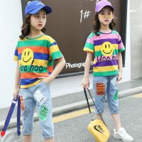 2pcs Set Striped Cartoon Shirt + Denim กางเกงขาสั้น เสื้อผ้าเด็กผู้หญิง