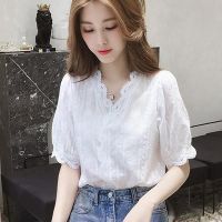 COD dhdfxcz women Lace Hollow Out Sweet Loose V-Neck Half Sleeves Solid Blouse