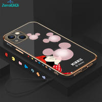 ZeroQiQi เคสโทรศัพท์สำหรับ iPhone 15 Plus 15 Pro 15 Pro Max,ฟรีสายคล้องการ์ตูนมินี่เมาส์น่ารักลายขอบสี่เหลี่ยมสำหรับเด็กผู้หญิงเคสชุบเคสโทรศัพท์นิ่มสุดหรูเคสโทรศัพท์