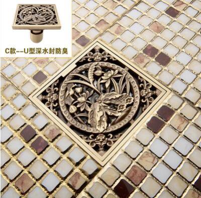 10*10cm Vintage Artistic antique Brass Bathroom Square Shower Floor Drain Trap Waste Grate With Hair Strainer anti smelly drains