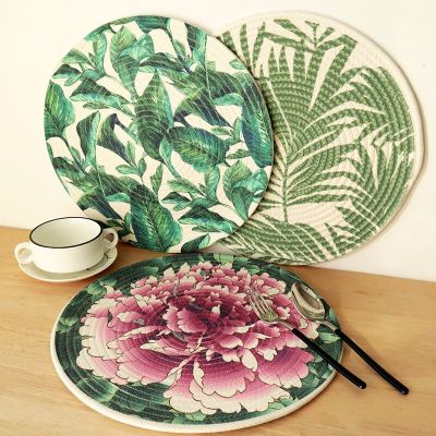 1Pc Thicken Round Cotton Woven Tropical Plants Flower Printed Kitchen Supplies Table Place Mat Insulation Pad