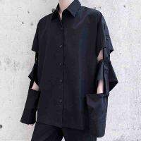 Fashion high street new dark style original design striped stitching detachable sleeve stage dress mens shirt