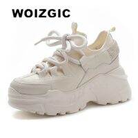 ▩❁  WOIZGIC Womens Female Ladies Students Genuine Leather Lycab White Shoes Sneakers Platform Lace Up Increased Insole