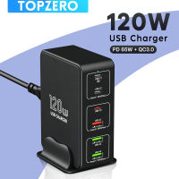 TOPZERO 120W เครื่องชาร์จ USB 6พอร์ตเดสก์ท็อปแท่นชาร์จโทรศัพท์ที่ชาร์จสำหรับไอโฟน14 Pro Max Samsung 65W แล็ปท็อปและแท็บเล็ตที่ชาร์จเร็วสำหรับ