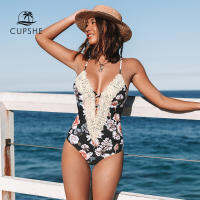 2021CUPSHE Deep V-neck Lace Cut Out One-Piece Swimsuit For Women Sexy Black Floral Monokini 2022 New Beach Bathing Suits Swimwear