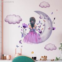 ❧♠ Watercolor Princess on Moon Wall Stickers for Girls Room Butterfly Flower Wall Decals Bedroom Decoration Baby Room Wall Stickers