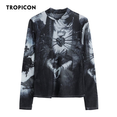 TROPICON Goth Mesh Top Women  Trend Fashion Graphic T Shirts Long Sleeve Turtleneck See Through Tshirts European Clothing