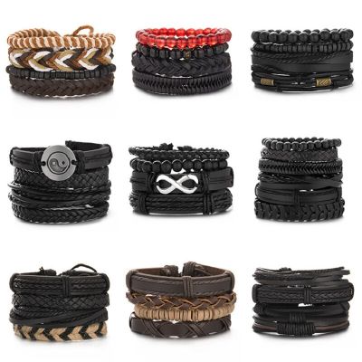 4pcs/Set Braided Wrap Leather Bracelets For Men Multilayer Handmade Weave Beads Vintage Charm Ethnic Tribal Wristbands Gifts