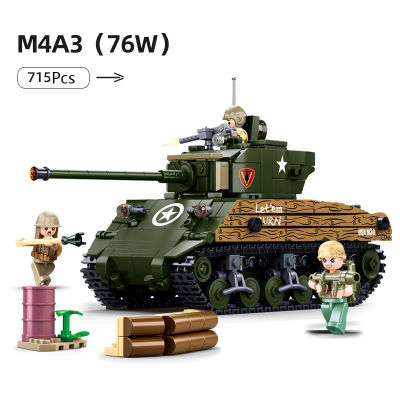 WW2ทหารรุ่น M4A3 (76วัตต์) เชอร์แมนขนาดกลางถังเก็บเครื่องประดับอาคารอิฐบล็อกของขวัญของเล่น