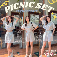 ￼? Picnic Set เซตเสื้อครอปเชิ้ต แขนสั้น + กางเกงขาสั้น สีพื้น มินิมอล freesize ?