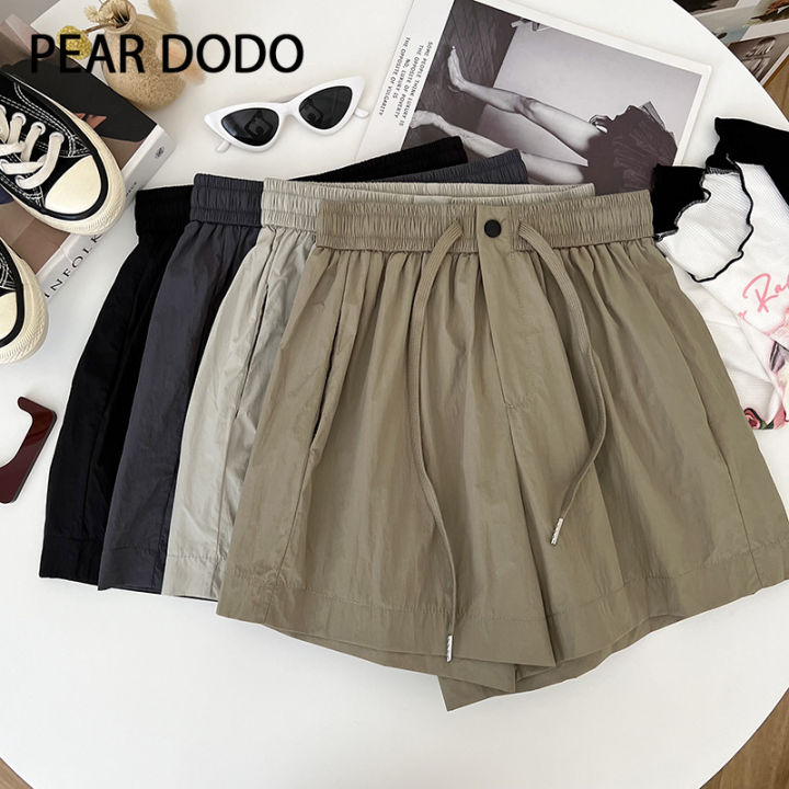 pear-dodo-กางเกงขาสั้นทำงานกว้างสำหรับผู้หญิงเชือกผูกเอวยางยืดเกาหลี
