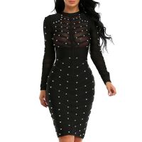 【YF】 2023 New Women Black Red Green Mesh Lace Sexy Bodycon Nail Beaded Evening Bandage Dress Mini Long Sleeve Party Nightclub Elegant