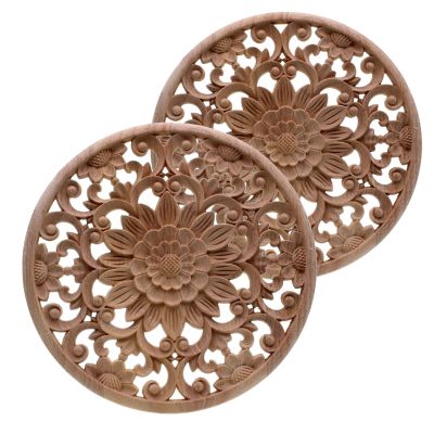 Carved Flower Carving Round Wood Appliques For Furniture Cabinet Unpainted Wooden Mouldings Decal Decorative Figurine