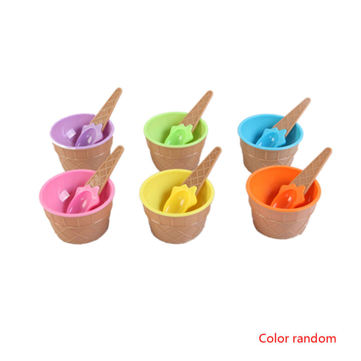 ชามพลาสติกใส่ไอศกรีมโยเกิร์ตแช่แข็งแบบชามของหวานถ้วยพร้อมช้อน-set-sendok-สุ่มสี