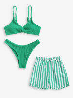 【 Cw】 Zaful Twisted Striped จับคู่คู่ชุดว่ายน้ำ Lover Beach Bathingsuit กับชุดบิกินี่ผู้หญิงและผู้ชายสั้น