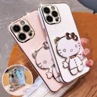 Hello Kitty Mirror Bracket Holder Case For Samsung Galaxy S23 Ultra S22 S21 S20 FE S10 Note 20 10 Plus A24 A34 A54 Plating Cover Phone Cases