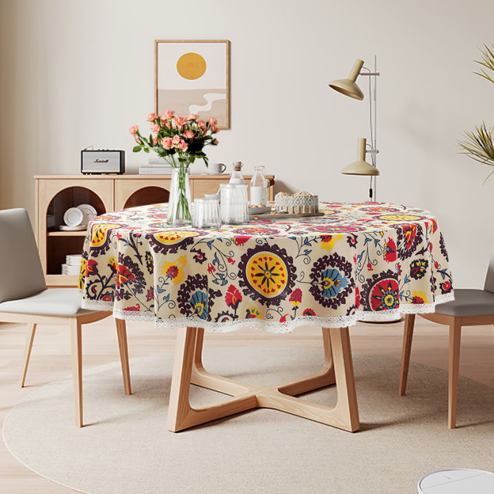 ผ้าปูโต๊ะกลมซักได้150ซม-ผ้าปูโต๊ะลายดอกทานตะวันลูกไม้แนววินเทจผ้าลินินปักลายสี่เหลี่ยมผ้าโต๊ะลายปิคนิคทานอาหารค่ำแบบซักได้