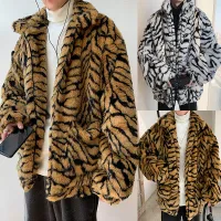 LiaoTai Men Casual Faux Fur Coat Fluffy ฤดูใบไม้ร่วงฤดูหนาว Outerwear แฟชั่นเสือดาว Warm