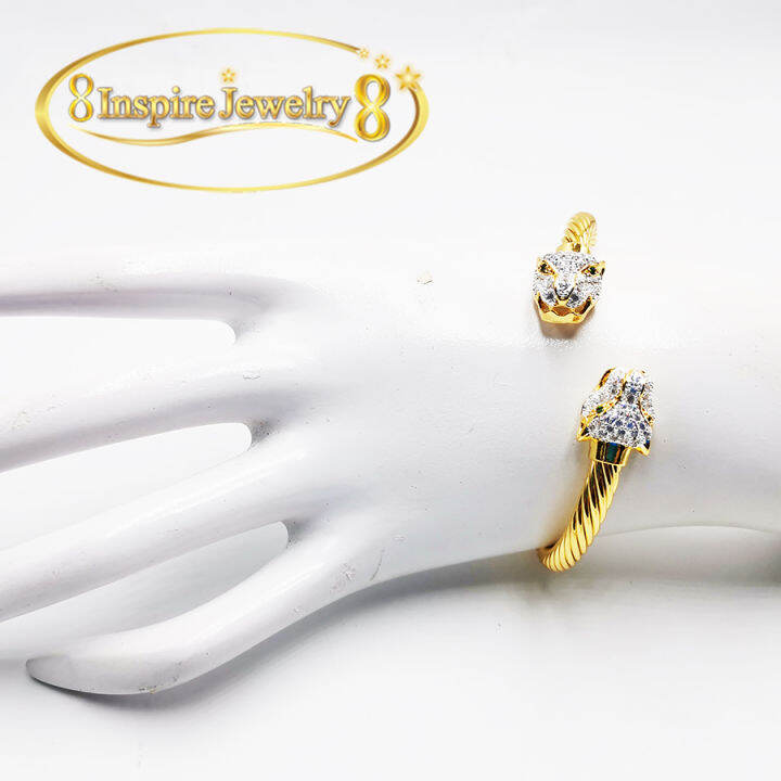 inspire-jewelryชุดเซ็ทกำไลหัวเสือและแหวนฝังเพชรcz-ตาพลอย-free-size-งานดูแพง-เพชรเล่นแสงดีมาก-งานชุปทอง