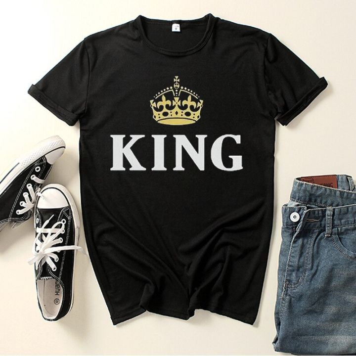 เสื้อยืดคู่พิมพ์ลาย-king-queen-crown-เสื้อยืดคู่รักแขนสั้นคอกลมทรงหลวมเสื้อเสื้อยืดผู้ชายแฟชั่นผู้หญิงเสื้อผ้าของขวัญวันวาเลนไทน์