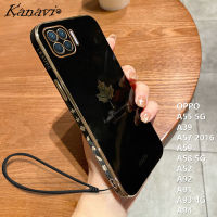 เคสโทรศัพท์ Kanavi สำหรับ OPPO A55 5G A39 A57 A59 A58 5G A91 A92 A52 5G A93 4G A94หรูหราเคลือบใบเมเปิลสี่เหลี่ยมเคสโทรศัพท์ปิดขอบแฟชั่นชุบโครเมียมฝาครอบโทรศัพท์ซิลิโคนนิ่มพร้อมสายคล้อง