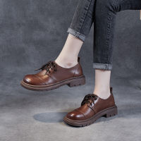 Spot parcel post2022 Spring and Autumn New Shoes Womens Leather R Style Leather Shoes Flat Lace-up Japanese Style Soft Bottom Soft Leather Big Head Leather Shoes