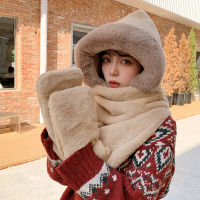 Female winter Plush Warm 3 In 1 Hooded Scarf Hat Gloves Set Cartoon Cat Ears Winter Windproof Earflap Cap Pocket Mittens