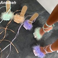 【CW】 Aneikeh NEW Summer Rome Fashion Furry Cross-Tied Women Pumps 2023 Sexy 11CM Thin High Heel Lace-up Dress Party Ladies Sandals