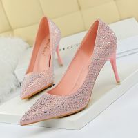 9219-a22 Korean fashion wedding shoes high heel shoes thin heel high heel shallow mouth pointed sexy party diamond single shoes